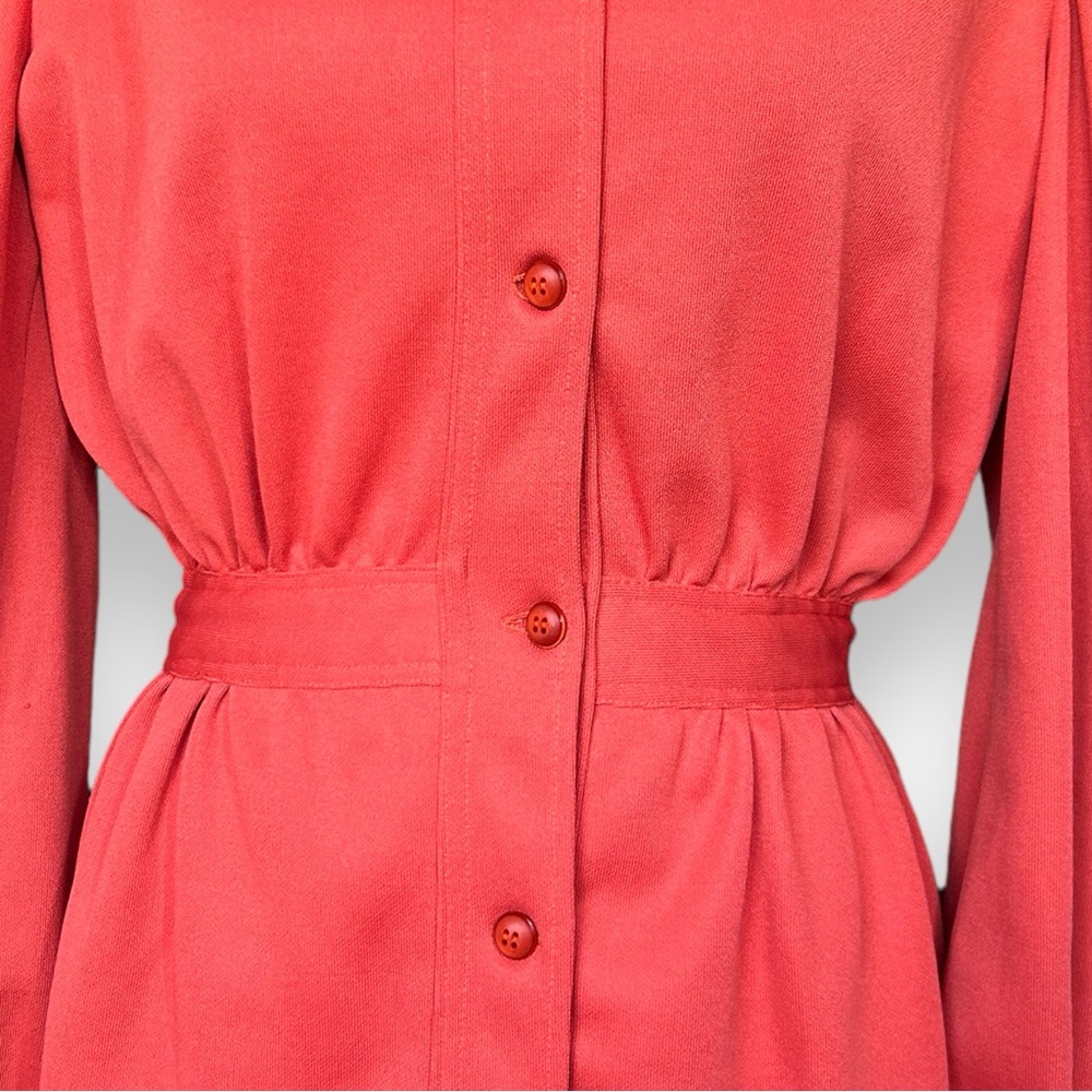 Vintage 70s Burnt Orange Peplum Long Sleeve Dagger Collar Button Up Shirt Blouse - Picture 2 of 13